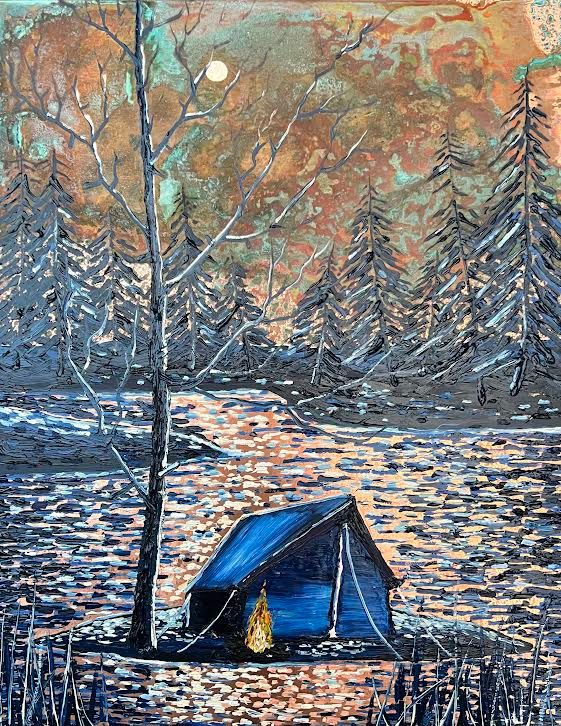 Painting by René Holm – blue tent in a forest clearing with reflective copper textures – oil on copper – 2025